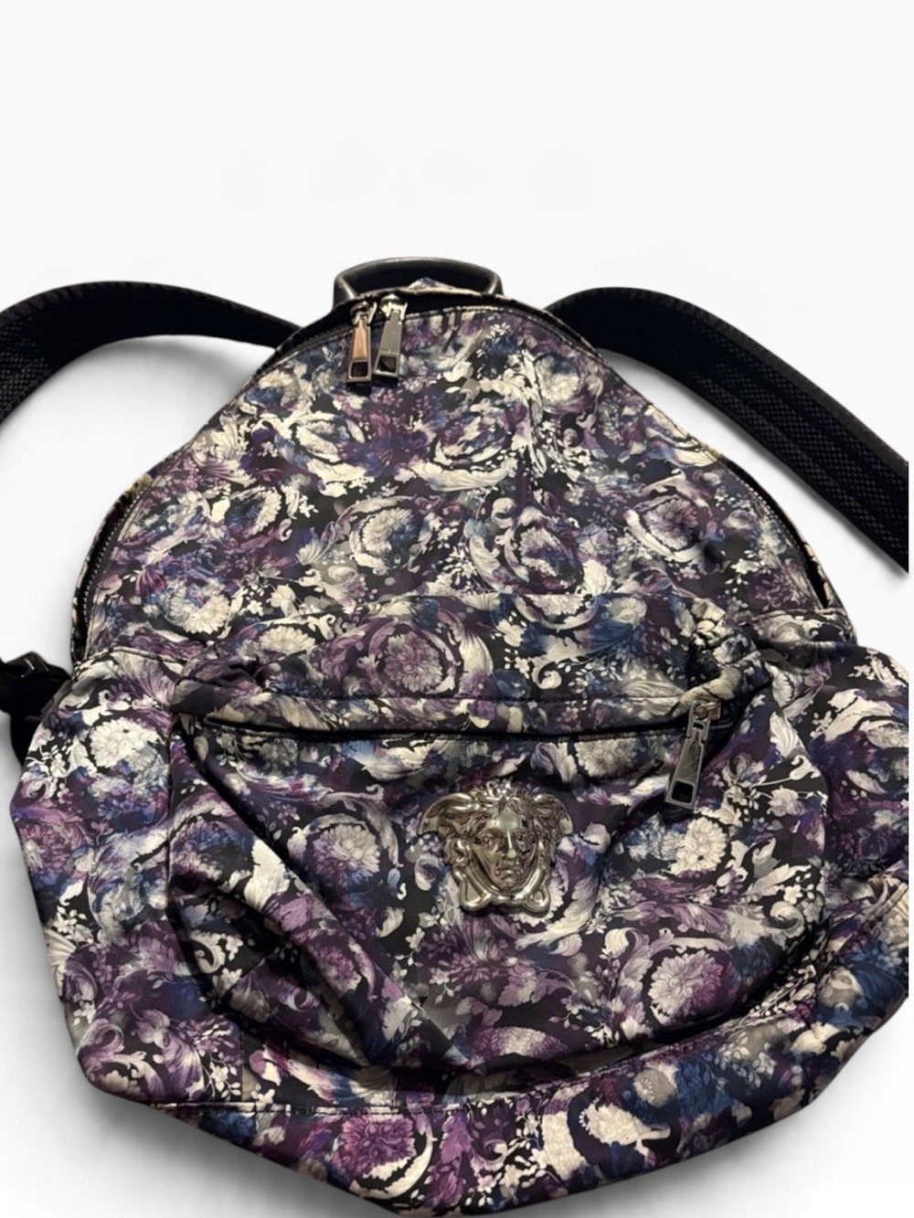 Versace Purple Floral Nylon full size Backpack with Medusa Emblem (chip on nose)